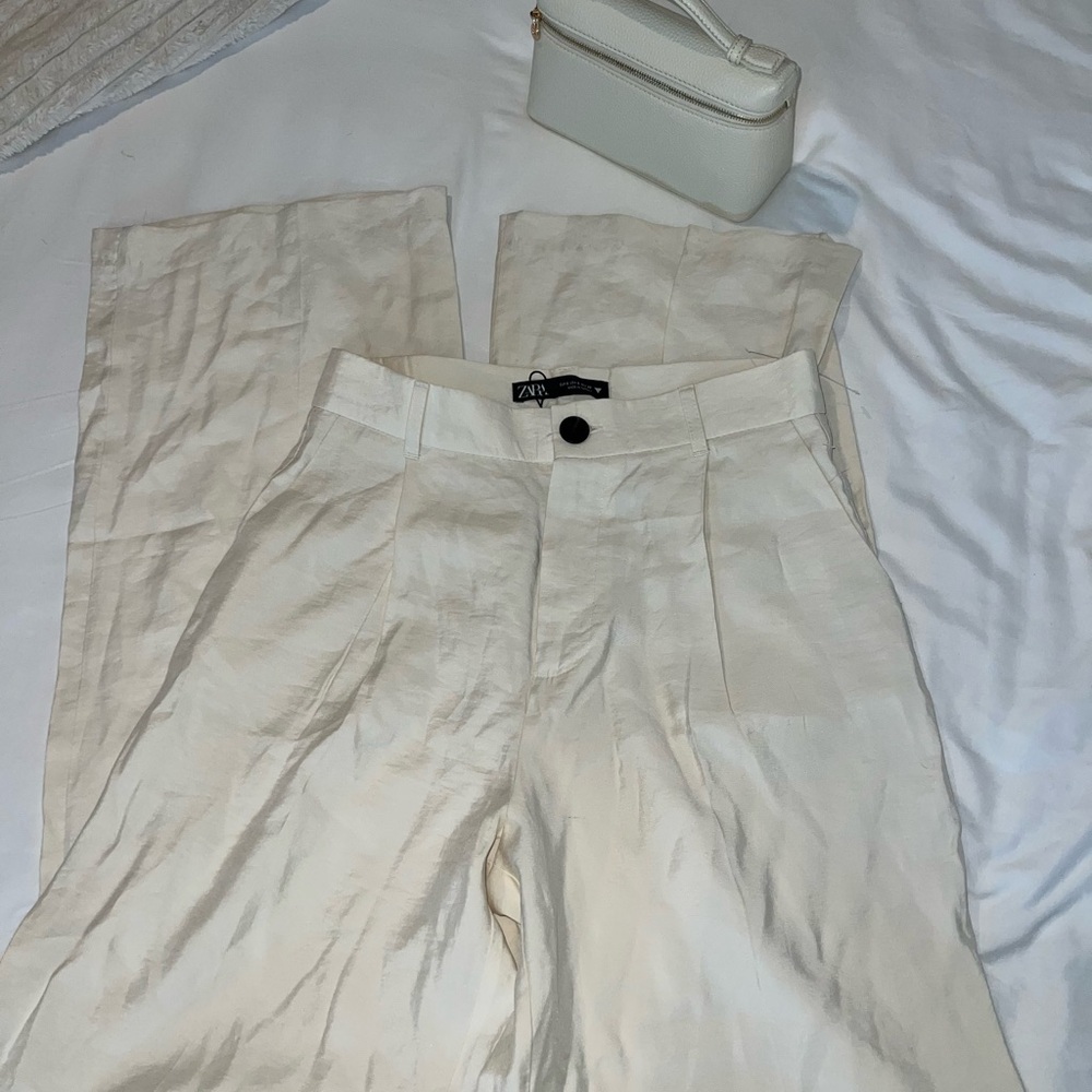 Zara cream Linen wide leg Pants,